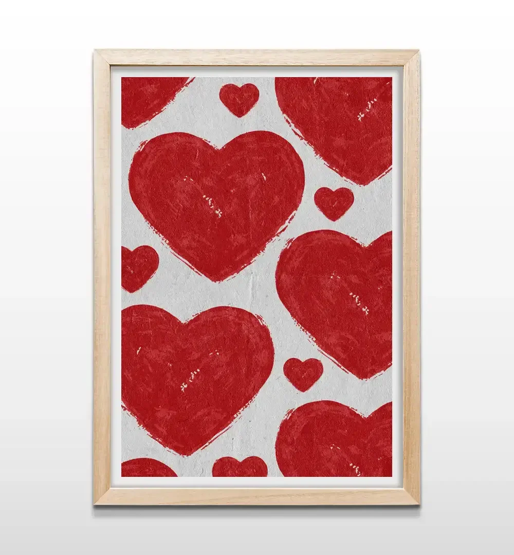 Cuadro con corazones abstractos rojos y marco de madera natural, arte de pared contemporáneo para decoración de dormitorios minimalistas o livings cálidos