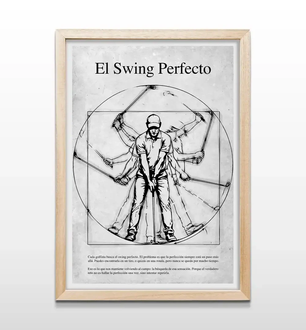 Cuadro minimalista de golf con silueta de swing y marco de madera natural, arte de pared deportivo para dormitorios modernos y espacios de estilo nórdico u orgánico