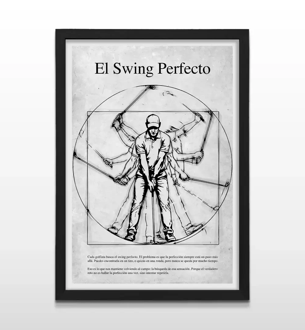 Cuadro moderno de golf El Swing Perfecto con marco negro, decoración de alto impacto visual para oficinas ejecutivas y regalo ideal para golfistas y amantes del deporte