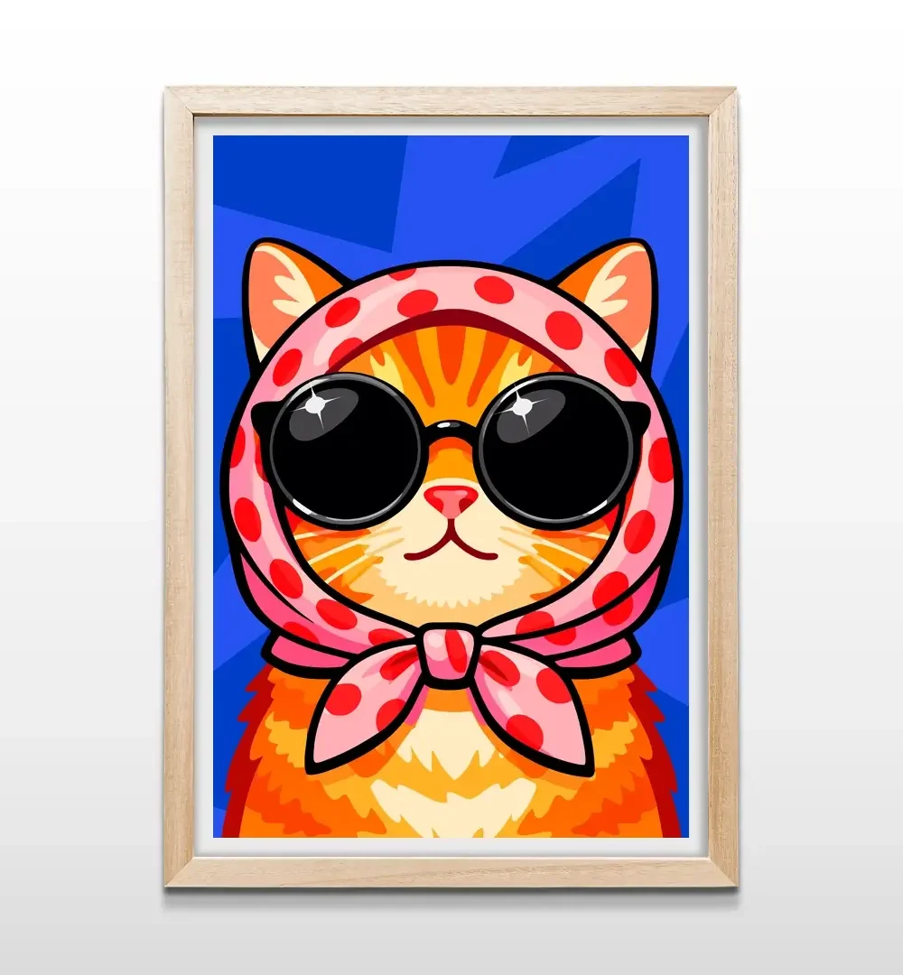 Cuadro de gato abstracto colorido con marco de madera natural, arte de pared moderno para dormitorios de amantes de los gatos y decoración de interiores vanguardista