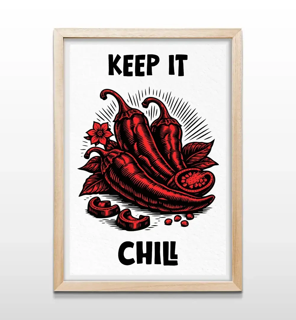 Cuadro para cocina Keep it Chill con marco de madera natural, arte de pared con ilustración de chiles rojos para decoración de comedores modernos y minimalistas