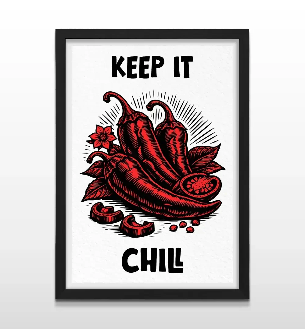 Cuadro moderno de cocina Keep it Chill con marco negro, ilustración minimalista de jalapeños rojos y regalo ideal para amantes de la cocina y el diseño divertido