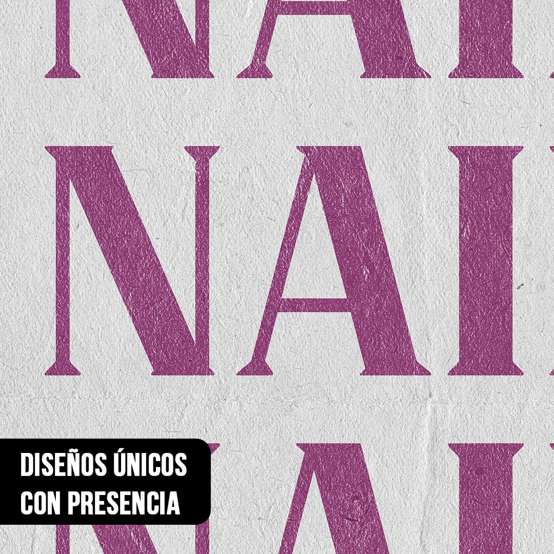 Primer plano de diseño tipográfico con la palabra NAILS repetida en color morado con textura sobre papel blanco
