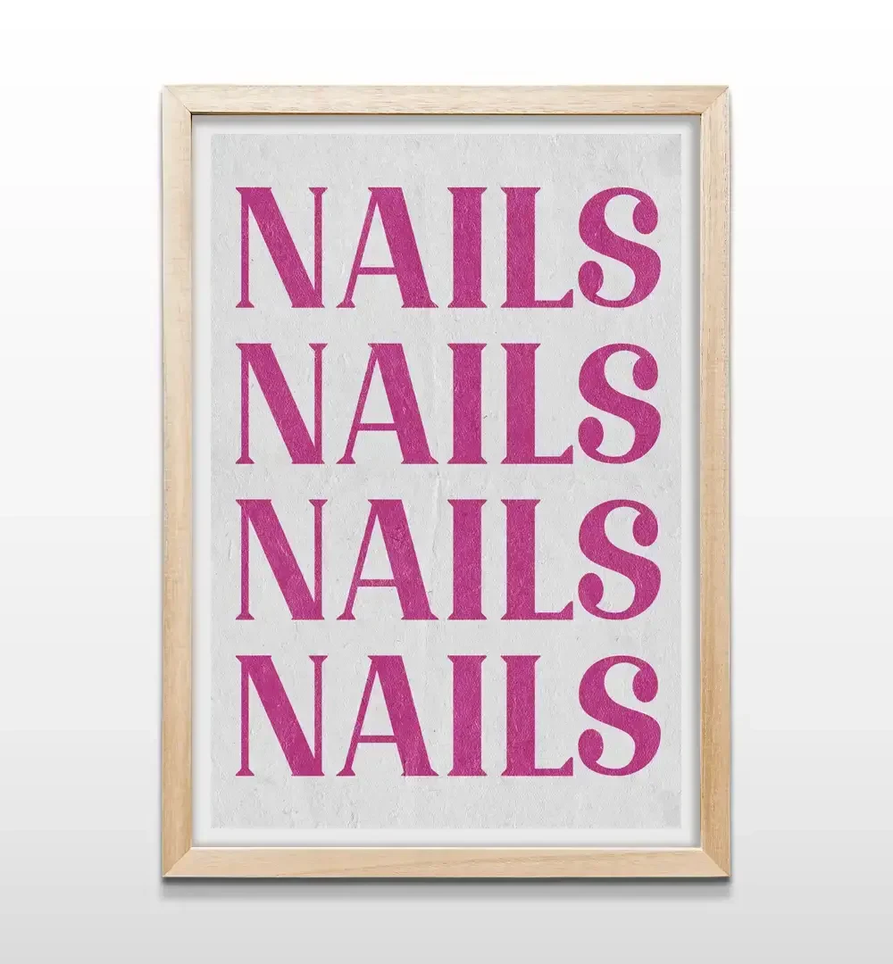 Cuadro tipográfico NAILS con marco de madera natural, arte de pared elegante para estaciones de manicura, salones de belleza modernos y dormitorios chic