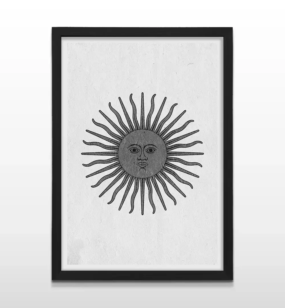 Cuadro moderno del Sol de Mayo con marco negro, decoración de alto impacto visual y regalo ideal para profesionales y amantes del diseño minimalista con identidad local