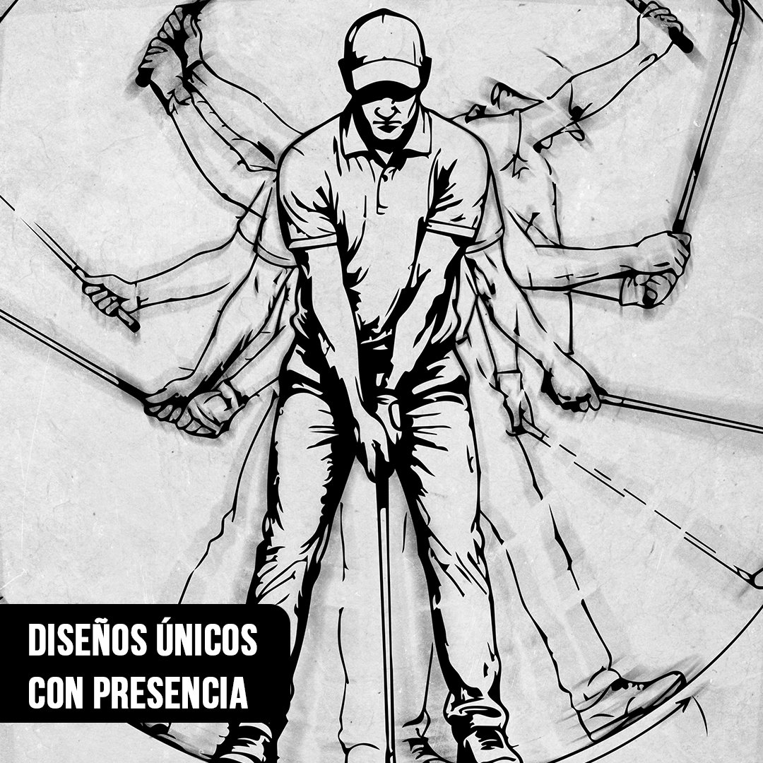 Primer plano de una ilustración en tinta negra que muestra las distintas fases del swing de un golfista con múltiples brazos y palos superpuestos en forma circular sobre fondo blanco texturizado
