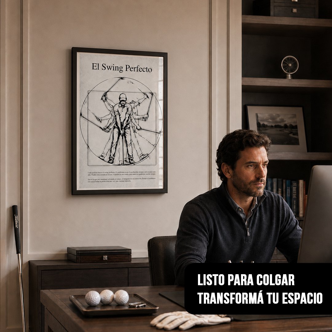 Cuadro vertical enmarcado en negro con la ilustración "El Swing Perfecto" de un golfista, colgado en un estudio moderno sobre un escritorio donde hay tres pelotas de golf y un hombre frente a la computadora