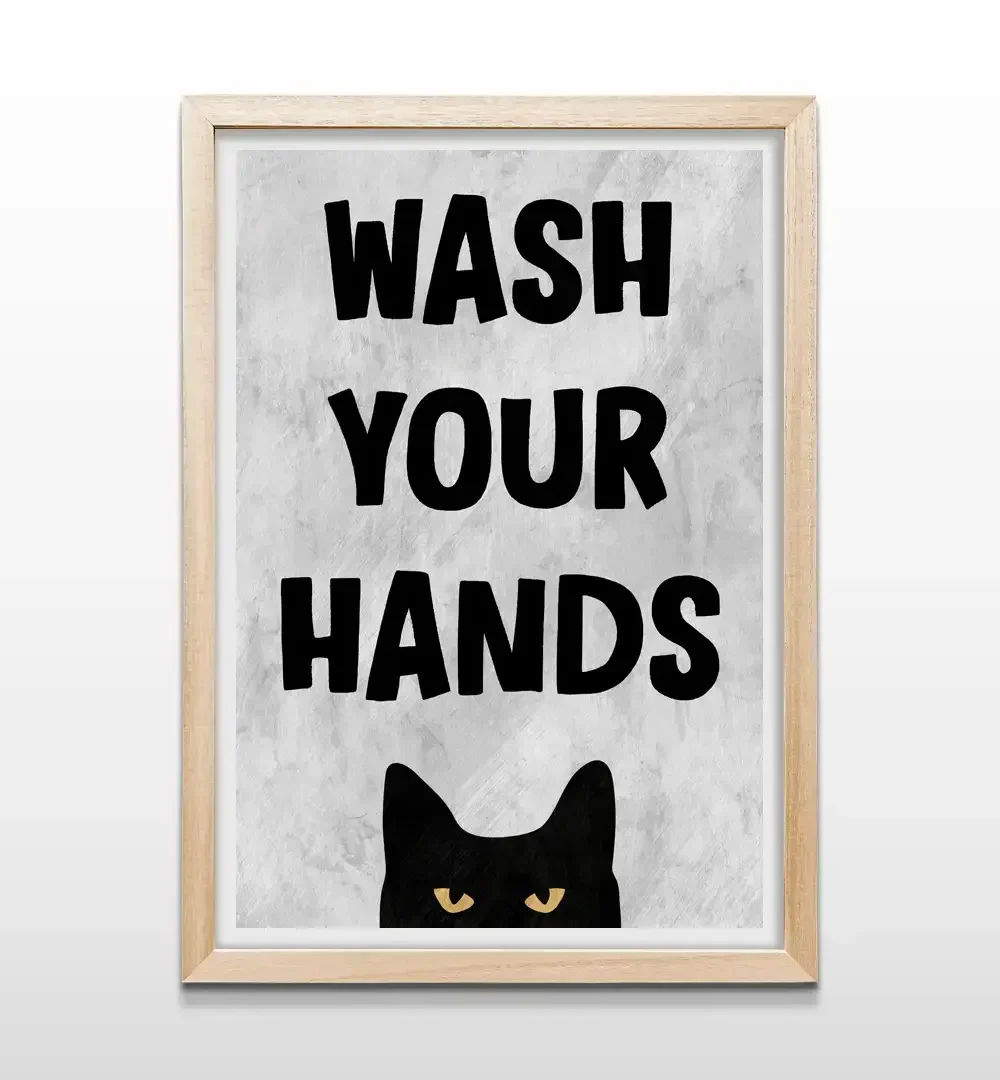 Cuadro Wash your hands con gato y marco de madera natural, arte de pared funcional para baños modernos y cocinas con decoración de estilo nórdico u orgánico