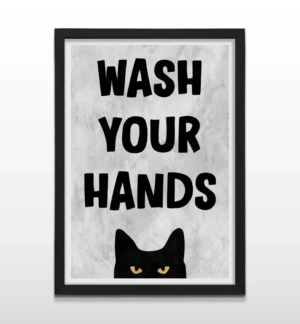 Cuadro moderno con frase Wash your hands y gato curioso con marco negro, decoración de alto impacto visual para baños, tocadores y regalo ideal para amantes de los gatos