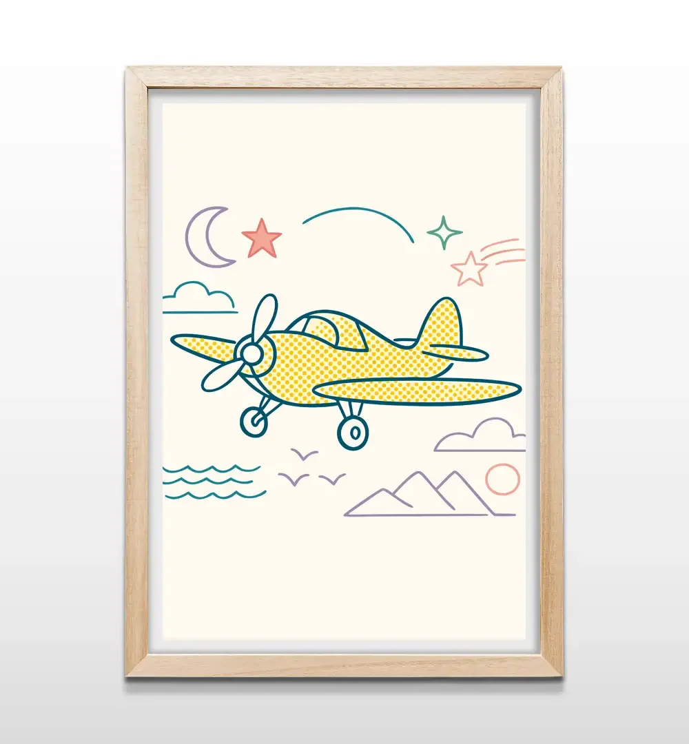 Cuadro infantil de avión bimotor minimalista en colores amarillo y azul con marco de madera clara, póster decorativo para paredes de dormitorios de bebés y niños