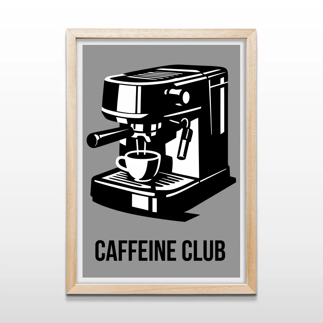 Cuadro minimalista con diseño vintage de cafetera Moka y taza con la frase The Caffeine Club con marco de madera clara, arte de pared decorativo para cocinas y comedores