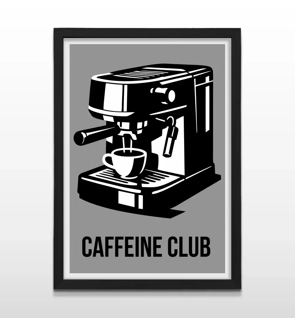 Cuadro moderno de café con ilustración abstracta de cafetera italiana y vapor en color negro con marco negro de madera, póster decorativo para cafeterías y salones profesionales