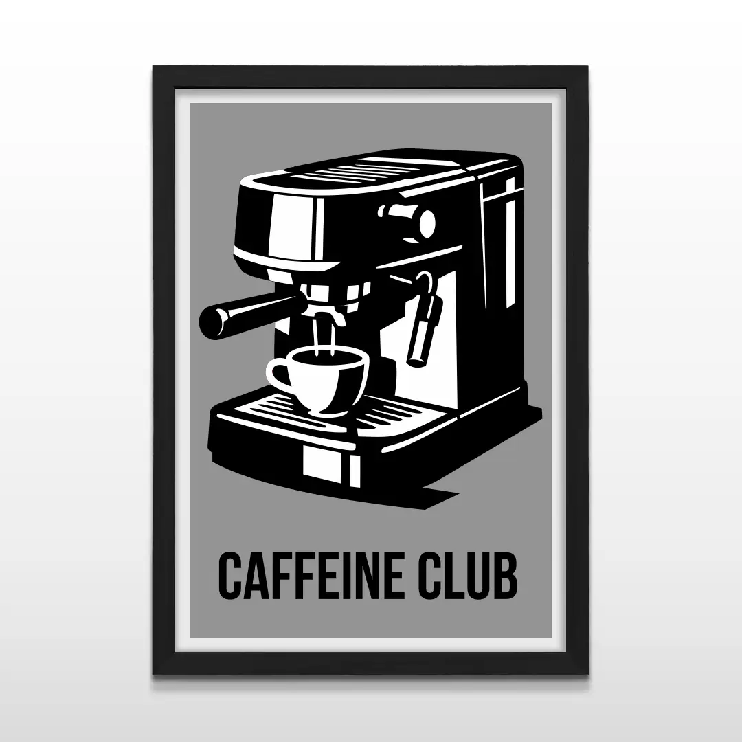 Cuadro moderno de café con ilustración abstracta de cafetera italiana y vapor en color negro con marco negro de madera, póster decorativo para cafeterías y salones profesionales