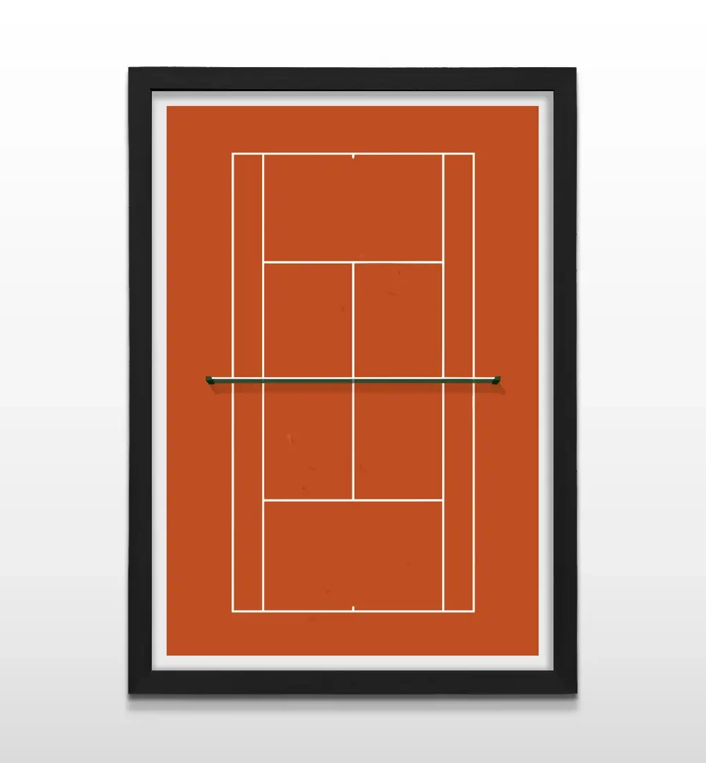 Cuadro moderno de cancha de tenis abstracta en color naranja y red negra con marco negro de madera, arte de pared geométrico para decoración de livings