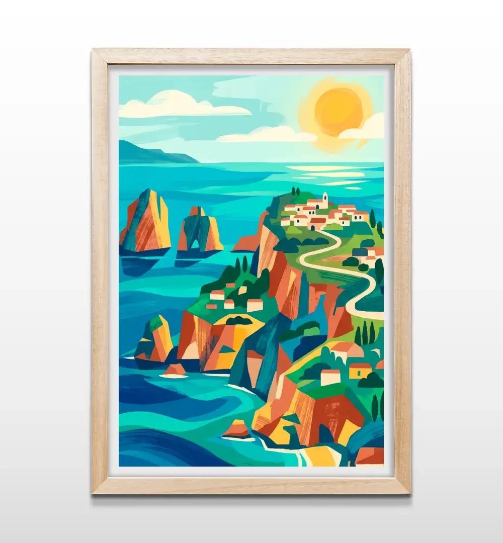 Cuadro minimalista con paisaje abstracto de Capri, sol naranja y montañas terracota con marco de madera clara, póster mediterráneo para decoración de livings