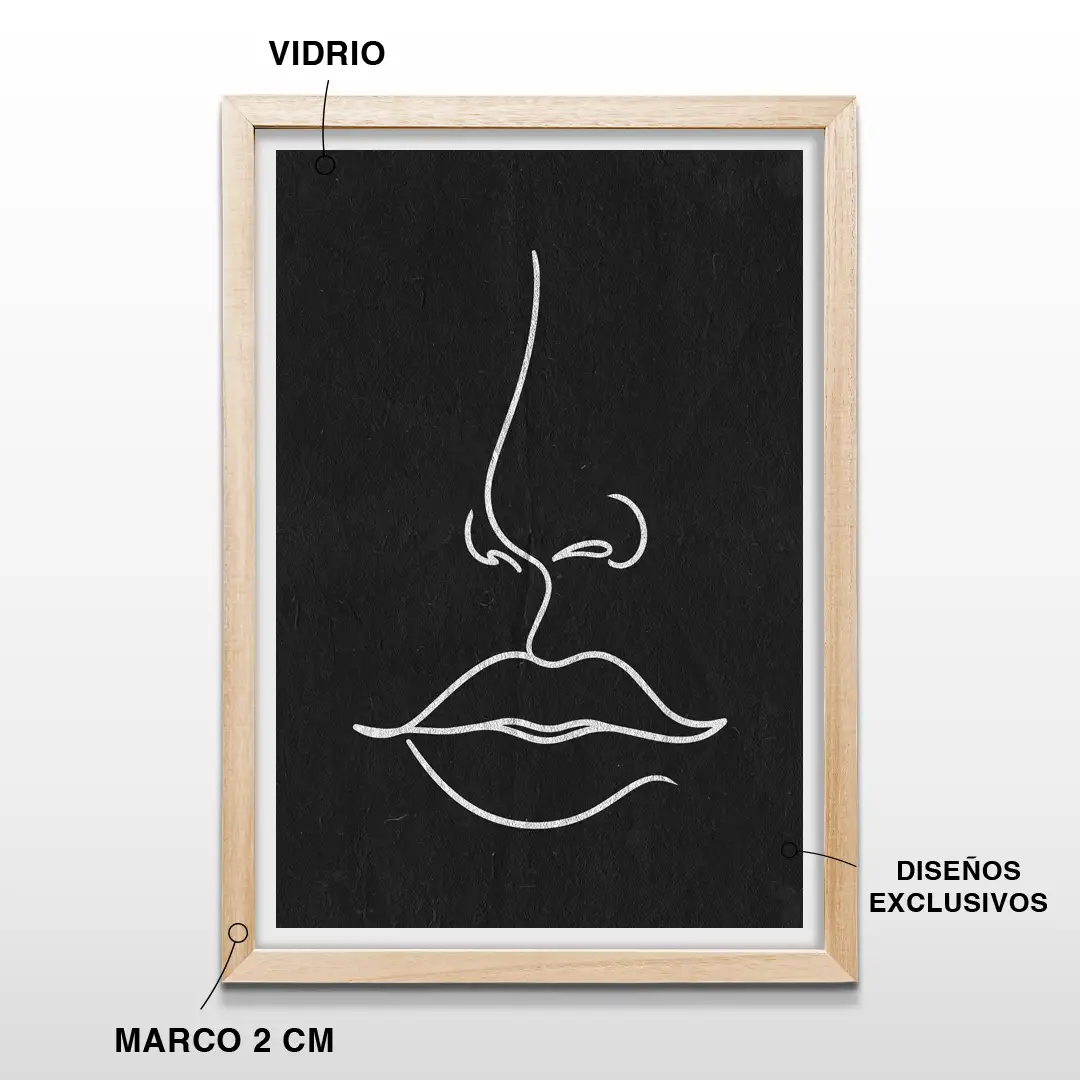 Cuadro minimalista con silueta lineal de nariz y labios blancos sobre fondo negro texturizado, incluye marco de madera de 2 cm, vidrio protector y lámina premium