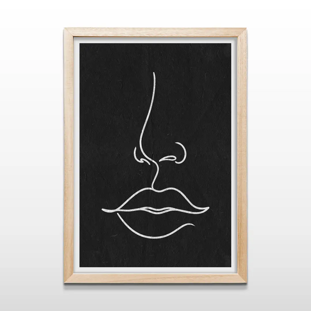 Cuadro de estética minimalista con trazo de línea blanca de rostro femenino y fondo negro con marco de madera clara, lámina decorativa para paredes de dormitorios