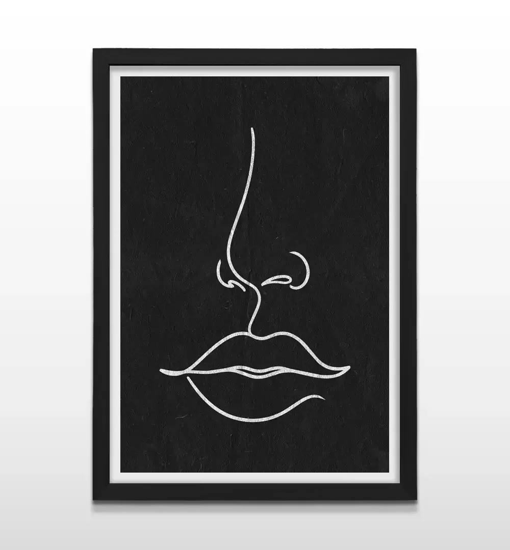 Cuadro moderno de arte lineal con silueta blanca de nariz y boca sobre fondo negro con marco negro de madera, póster decorativo para baños modernos o vestidores