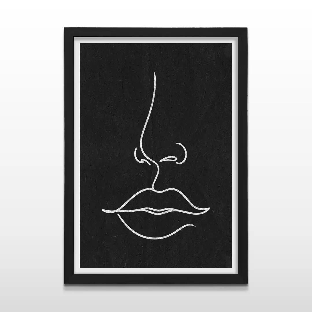Cuadro moderno de arte lineal con silueta blanca de nariz y boca sobre fondo negro con marco negro de madera, póster decorativo para baños modernos o vestidores