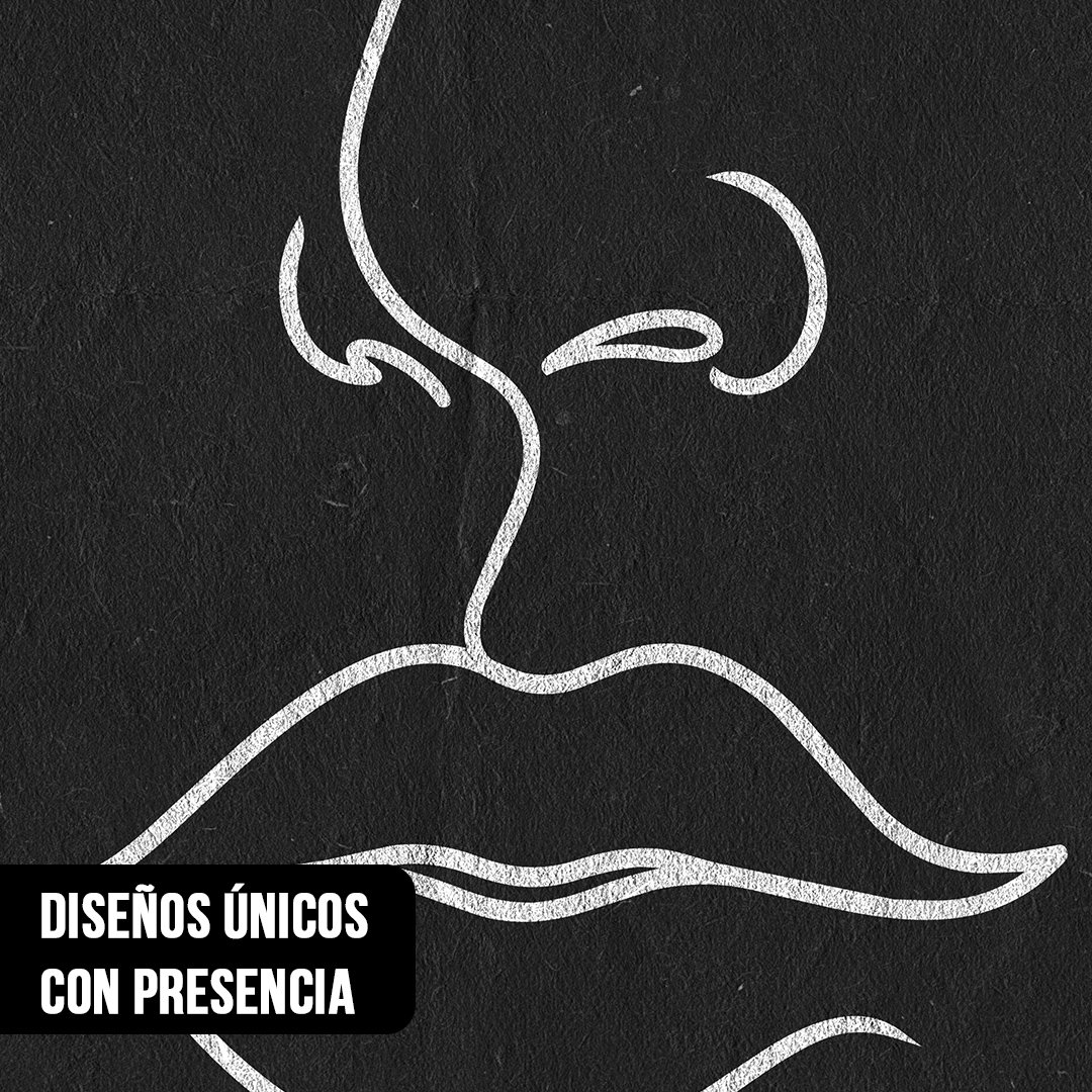 Primer plano de un dibujo lineal minimalista en color blanco que delinea la nariz y los labios de un rostro femenino sobre un fondo negro texturado