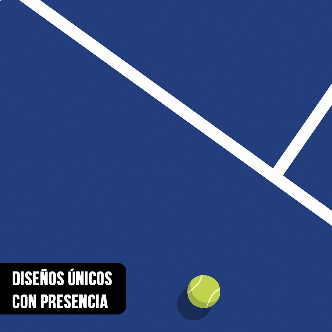 Primer plano del diseño de un cuadro con las líneas blancas de una cancha de tenis sobre superficie azul y una pelota verde en la esquina inferior