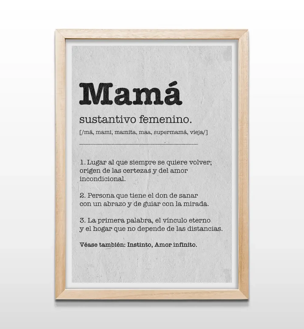 Cuadro minimalista con frase descriptiva de mamá y marco de madera natural, arte de pared con texto emotivo en negro y blanco para decoración del hogar y dormitorios