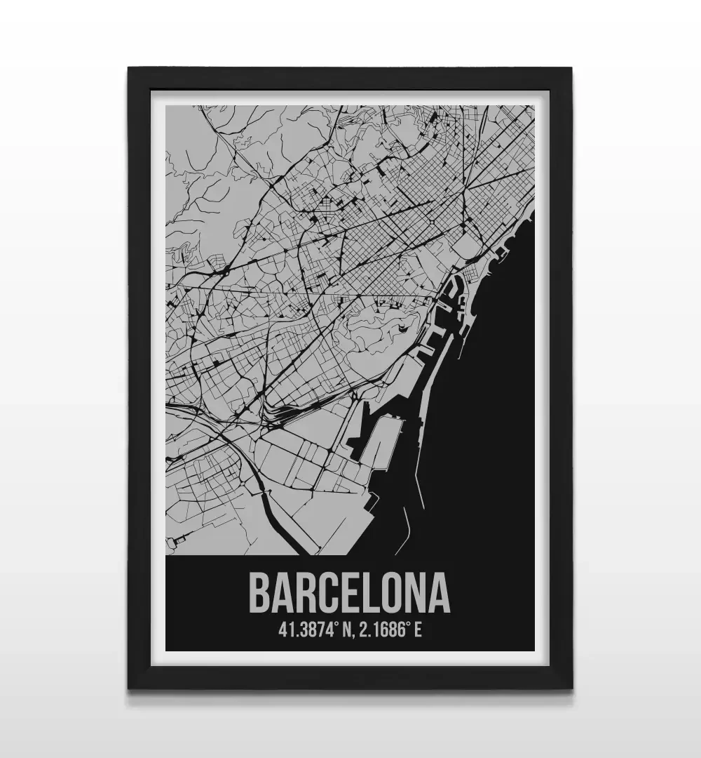 Cuadro moderno del plano urbano de Barcelona en color gris y negro con marco negro de madera, póster cartográfico de diseño minimalista para decoración de oficinas o salas de estar