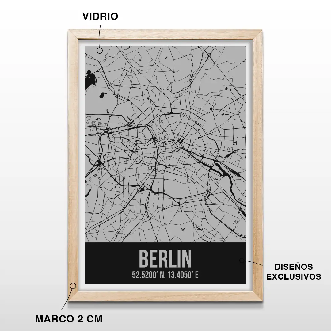 Cuadro decorativo con el plano de calles de Berlín y sus coordenadas geográficas en letras blancas, incluye marco de madera de 2 cm, vidrio protector y lámina premium para el hogar