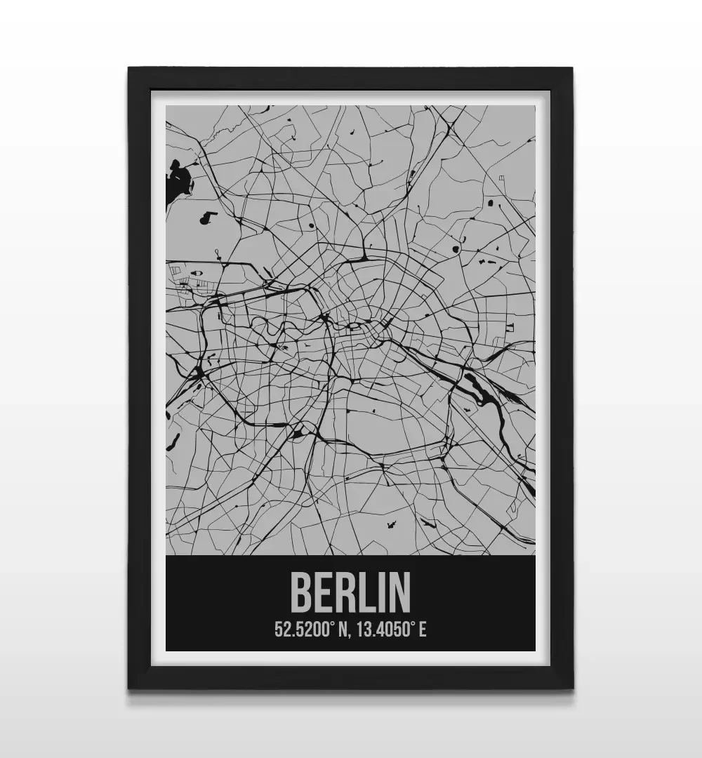 Cuadro moderno del plano urbano de Berlín en color gris y negro con marco negro de madera, póster cartográfico de diseño minimalista para decoración de oficinas o salas de estar