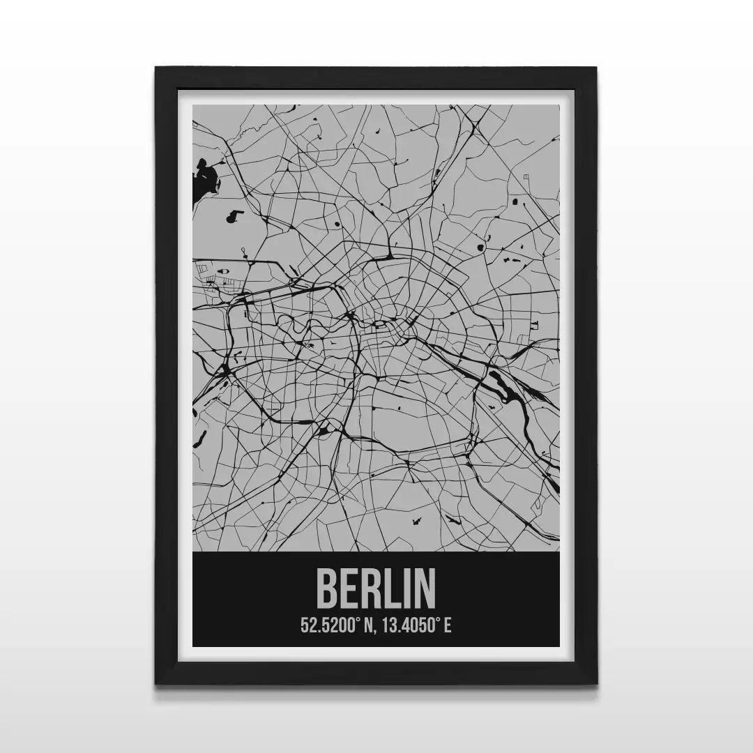 Cuadro moderno del plano urbano de Berlín en color gris y negro con marco negro de madera, póster cartográfico de diseño minimalista para decoración de oficinas o salas de estar