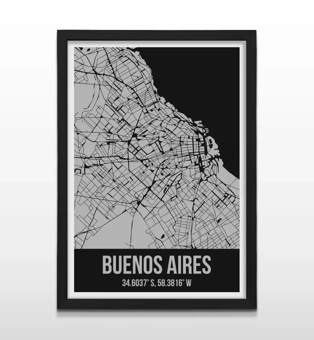 Cuadro moderno del plano urbano de Buenos Aires en color gris y negro con marco negro de madera, póster cartográfico de diseño minimalista para decoración de oficinas o salas de estar