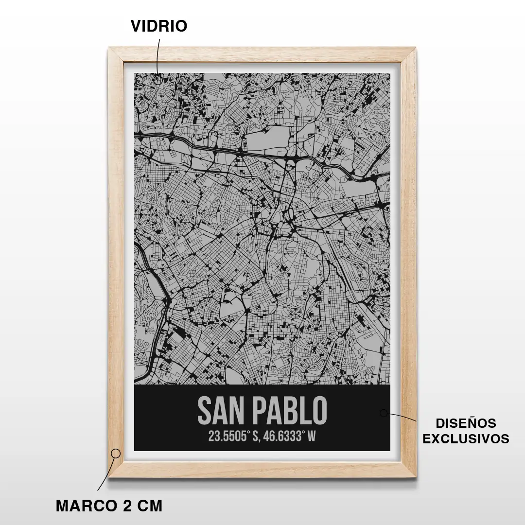Cuadro decorativo con el plano de calles de San Pablo y sus coordenadas geográficas en letras blancas, incluye marco de madera de 2 cm, vidrio protector y lámina premium para el hogar