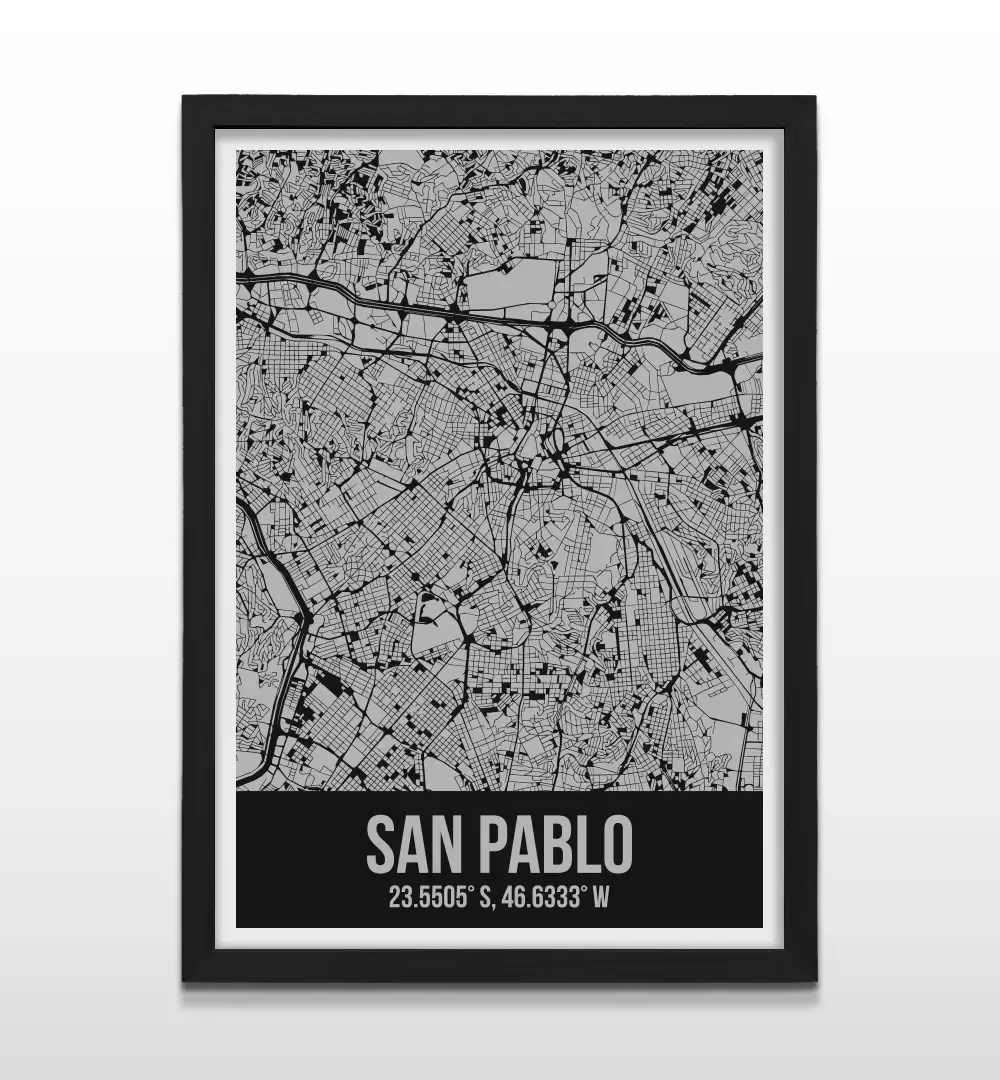Cuadro moderno del plano urbano de San Pablo en color gris y negro con marco negro de madera, póster cartográfico de diseño minimalista para decoración de oficinas o salas de estar