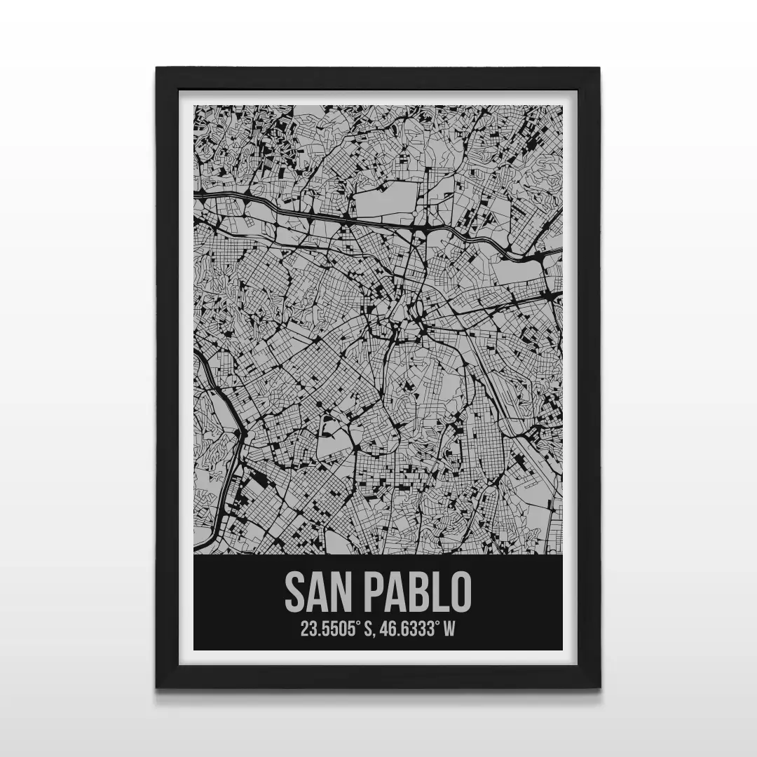 Cuadro moderno del plano urbano de San Pablo en color gris y negro con marco negro de madera, póster cartográfico de diseño minimalista para decoración de oficinas o salas de estar