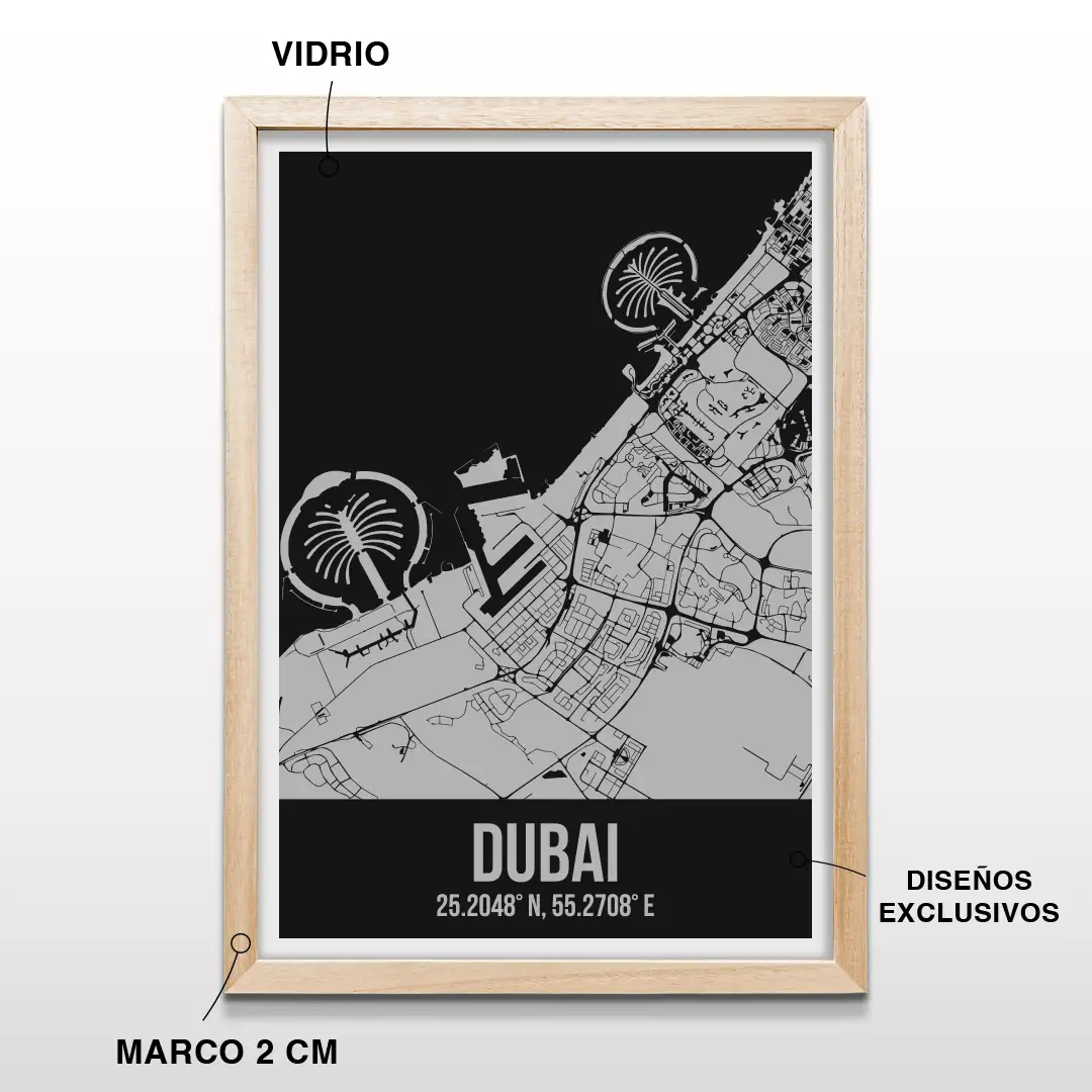 Cuadro decorativo con el plano de calles de Dubái y sus coordenadas geográficas en letras blancas, incluye marco de madera de 2 cm, vidrio protector y lámina premium para el hogar