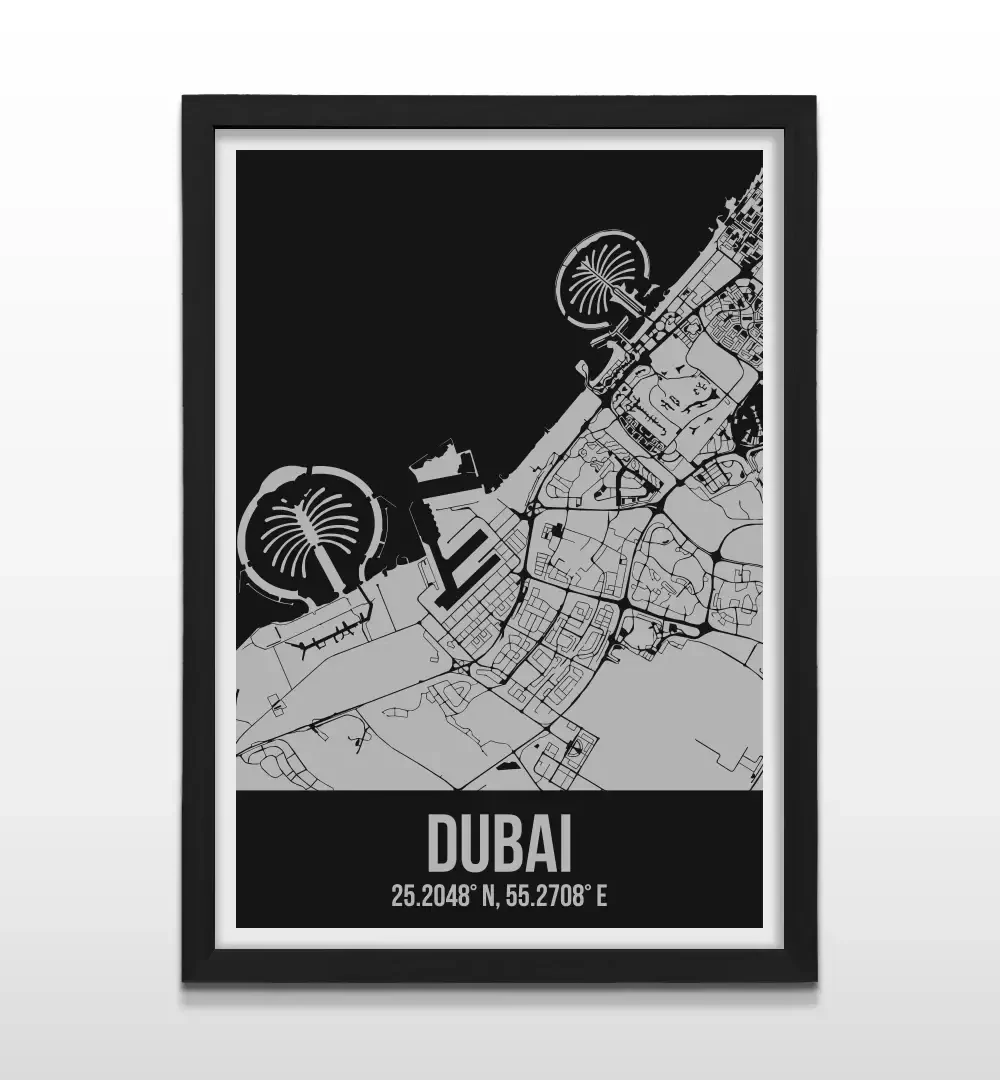 Cuadro moderno del plano urbano de Dubái en color gris y negro con marco negro de madera, póster cartográfico de diseño minimalista para decoración de oficinas o salas de estar