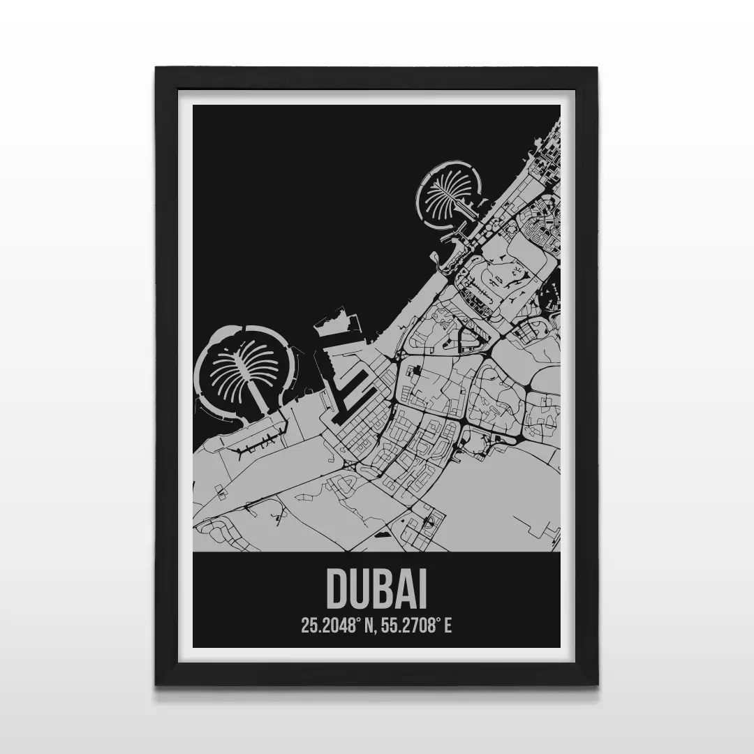 Cuadro moderno del plano urbano de Dubái en color gris y negro con marco negro de madera, póster cartográfico de diseño minimalista para decoración de oficinas o salas de estar