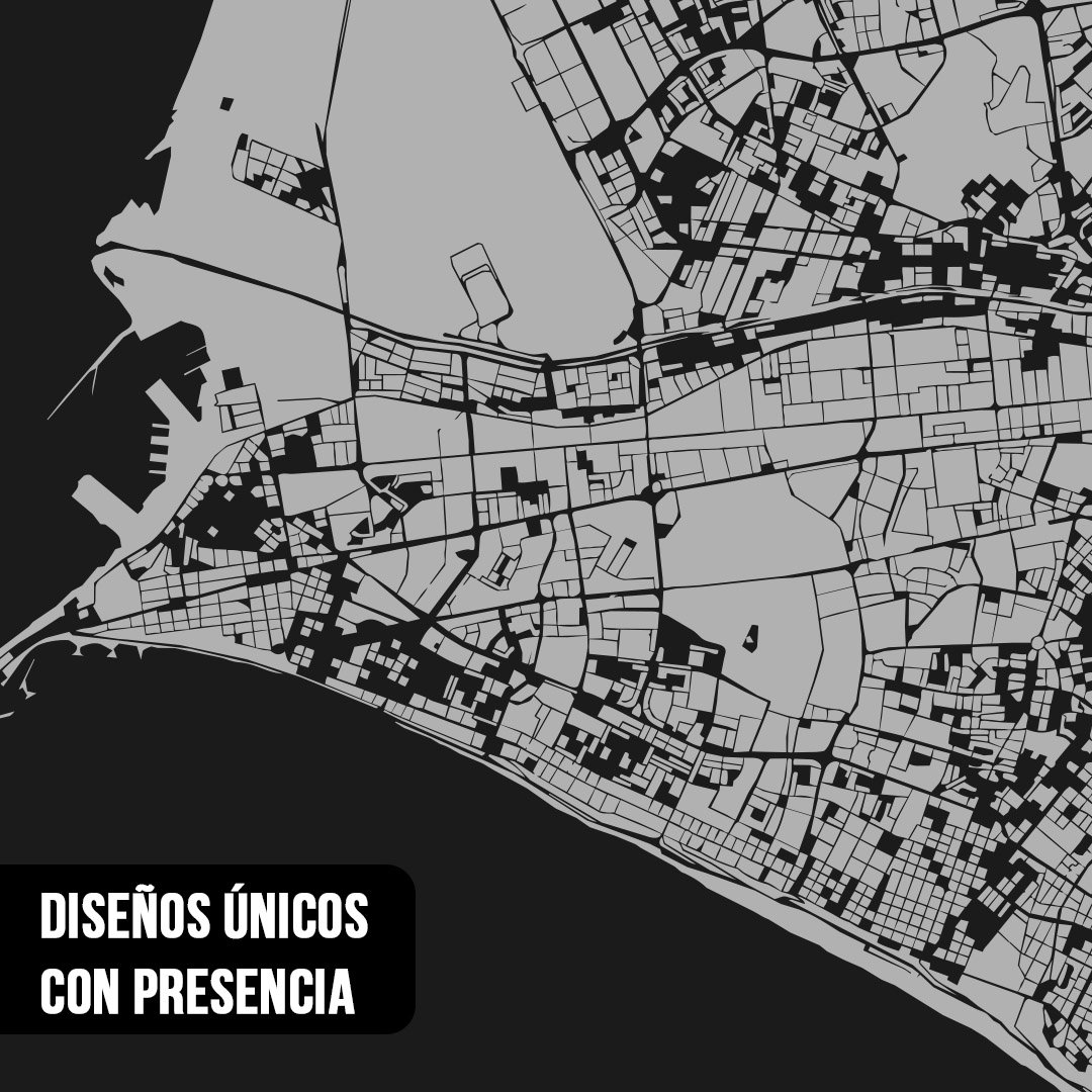 Primer plano de mapa cartográfico esquemático en gris y negro con trazado de calles y costa marítima