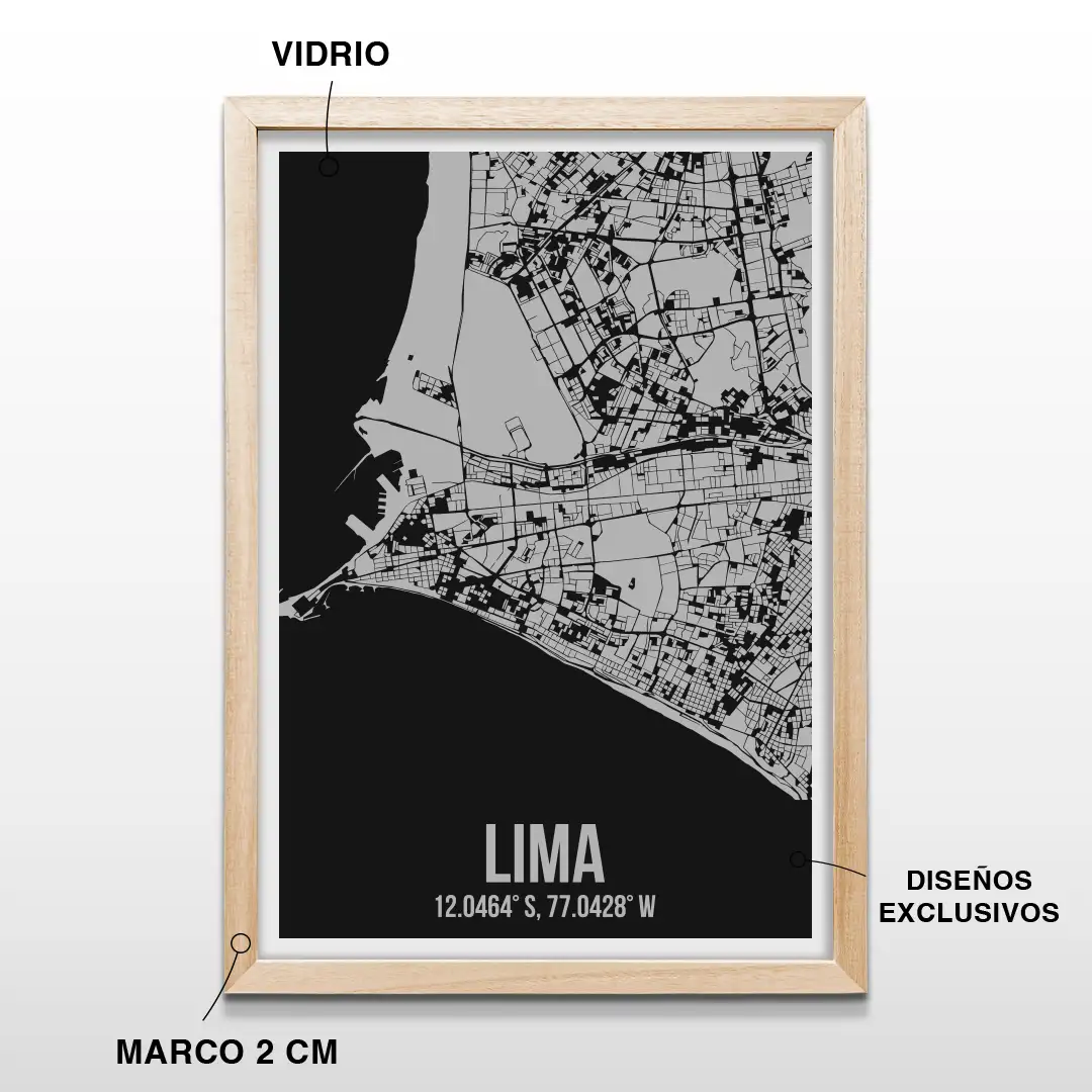 Cuadro decorativo con el plano de calles de Lima y sus coordenadas geográficas en letras blancas, incluye marco de madera de 2 cm, vidrio protector y lámina premium para el hogar