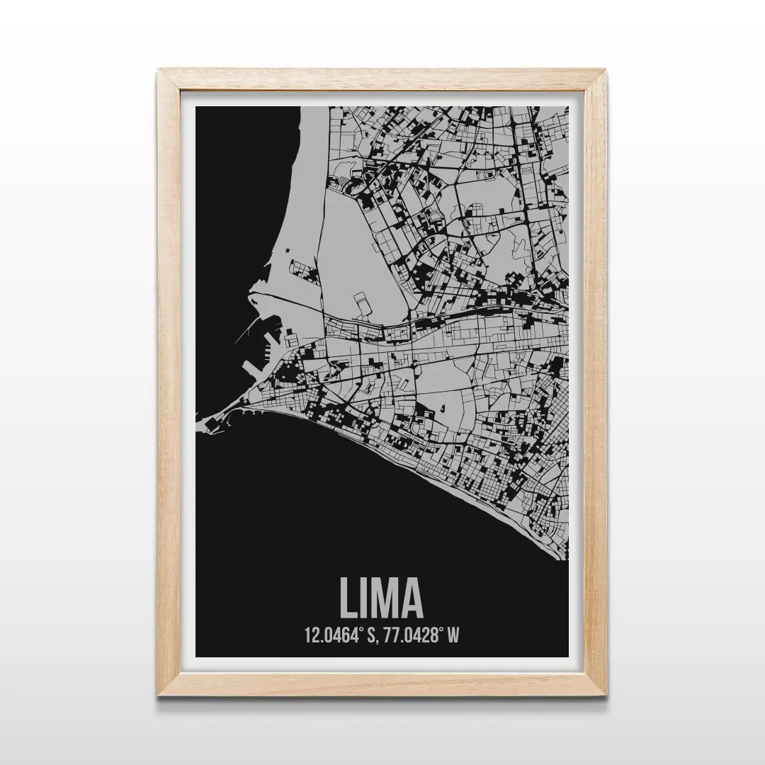 Cuadro minimalista del mapa de calles de Lima en líneas negras sobre fondo gris con marco de madera natural, arte cartográfico urbano contemporáneo para decorar livings y dormitorios