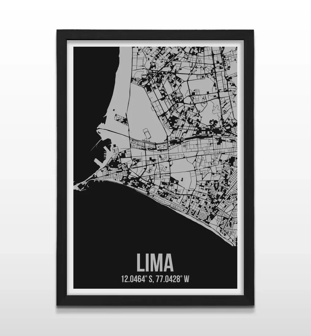 Cuadro moderno del plano urbano de Lima en color gris y negro con marco negro de madera, póster cartográfico de diseño minimalista para decoración de oficinas o salas de estar