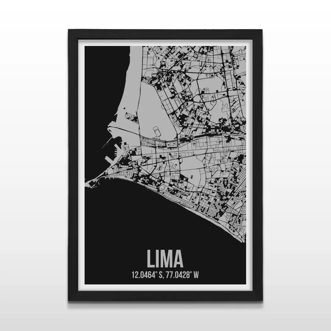 Cuadro moderno del plano urbano de Lima en color gris y negro con marco negro de madera, póster cartográfico de diseño minimalista para decoración de oficinas o salas de estar