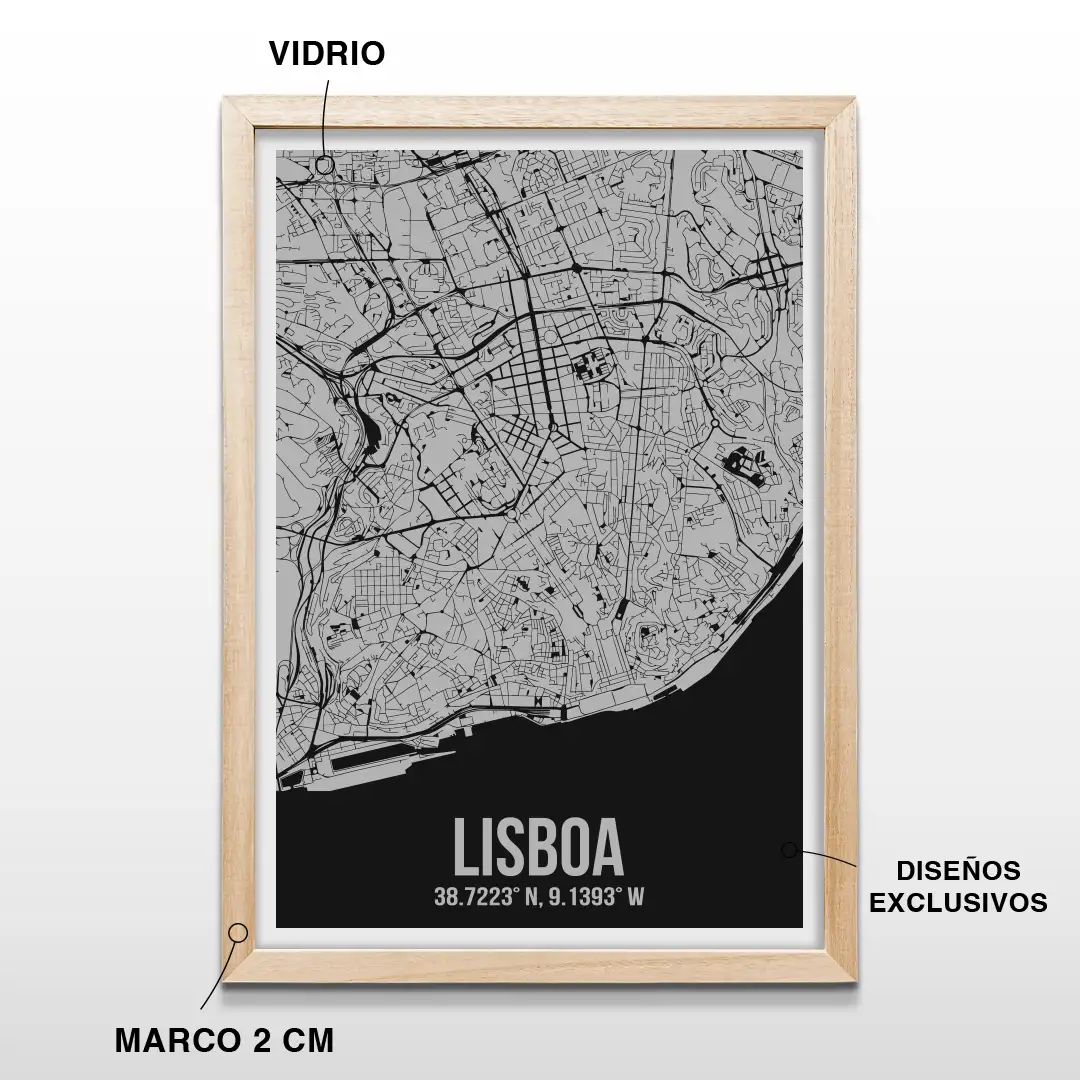 Cuadro decorativo con el plano de calles de Lisboa y sus coordenadas geográficas en letras blancas, incluye marco de madera de 2 cm, vidrio protector y lámina premium para el hogar