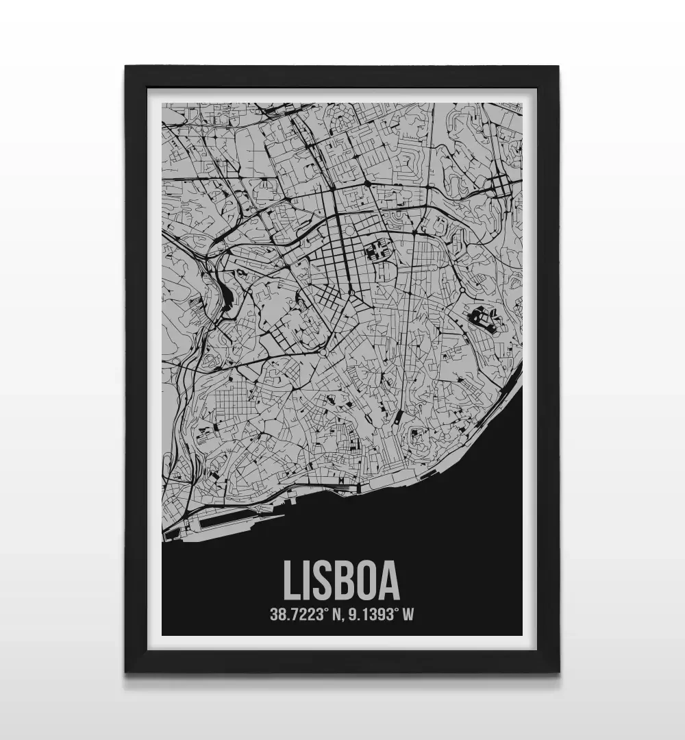 Cuadro moderno del plano urbano de Lisboa en color gris y negro con marco negro de madera, póster cartográfico de diseño minimalista para decoración de oficinas o salas de estar