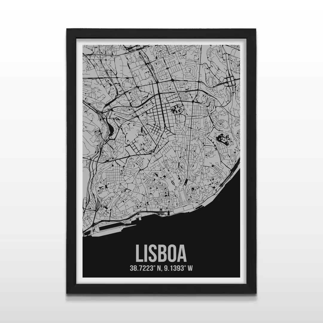Cuadro moderno del plano urbano de Lisboa en color gris y negro con marco negro de madera, póster cartográfico de diseño minimalista para decoración de oficinas o salas de estar