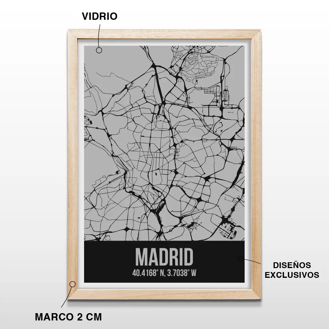 Cuadro decorativo con el plano de calles de Madrid y sus coordenadas geográficas en letras blancas, incluye marco de madera de 2 cm, vidrio protector y lámina premium para el hogar