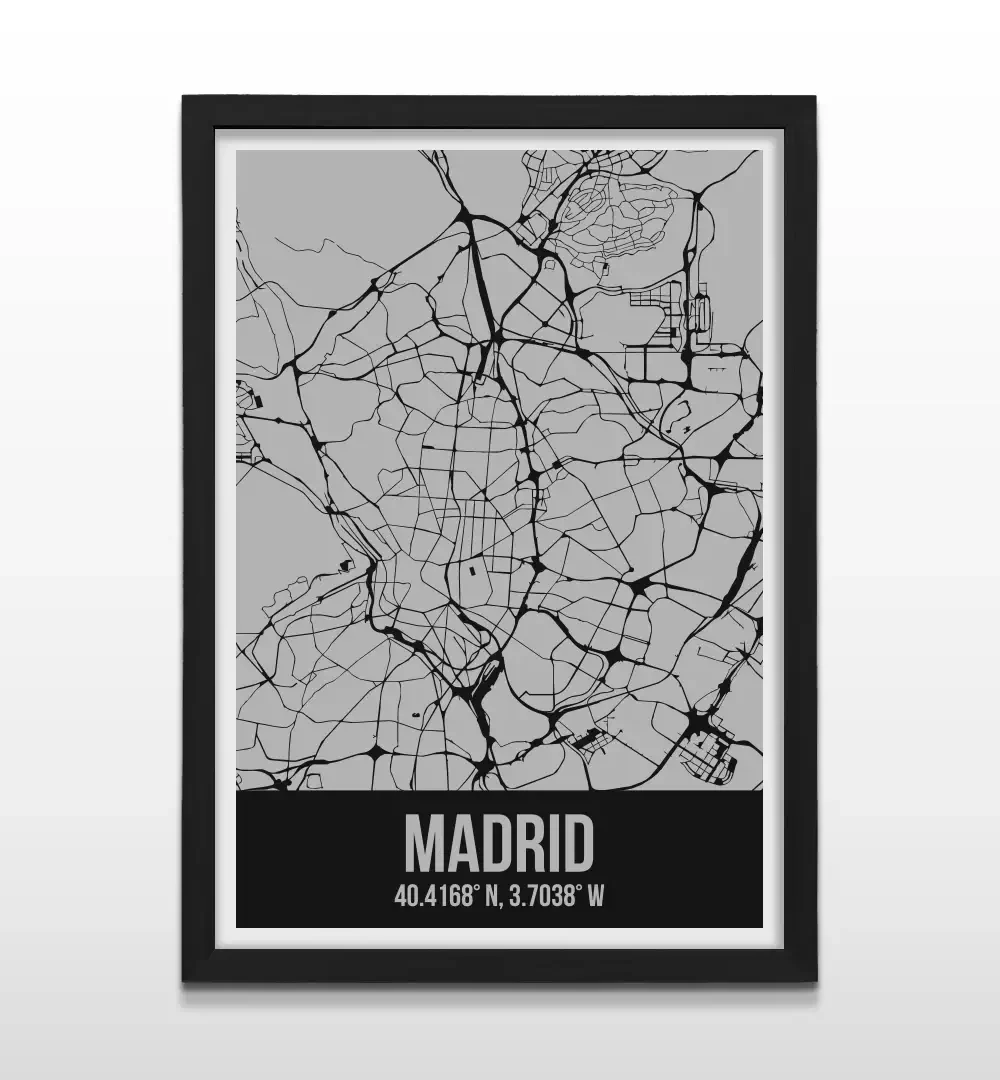 Cuadro moderno del plano urbano de Madrid en color gris y negro con marco negro de madera, póster cartográfico de diseño minimalista para decoración de oficinas o salas de estar