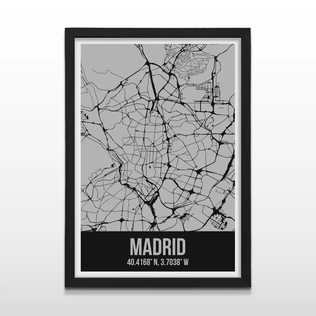 Cuadro moderno del plano urbano de Madrid en color gris y negro con marco negro de madera, póster cartográfico de diseño minimalista para decoración de oficinas o salas de estar