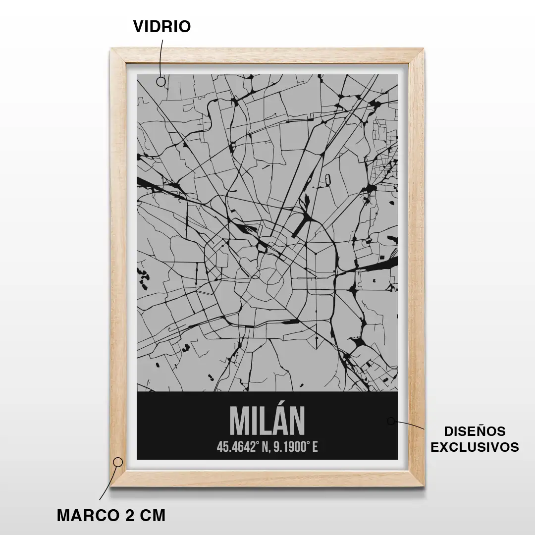 Cuadro decorativo con el plano de calles de Milán y sus coordenadas geográficas en letras blancas, incluye marco de madera de 2 cm, vidrio protector y lámina premium para el hogar