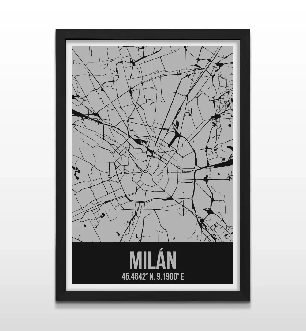 Cuadro moderno del plano urbano de Milán en color gris y negro con marco negro de madera, póster cartográfico de diseño minimalista para decoración de oficinas o salas de estar